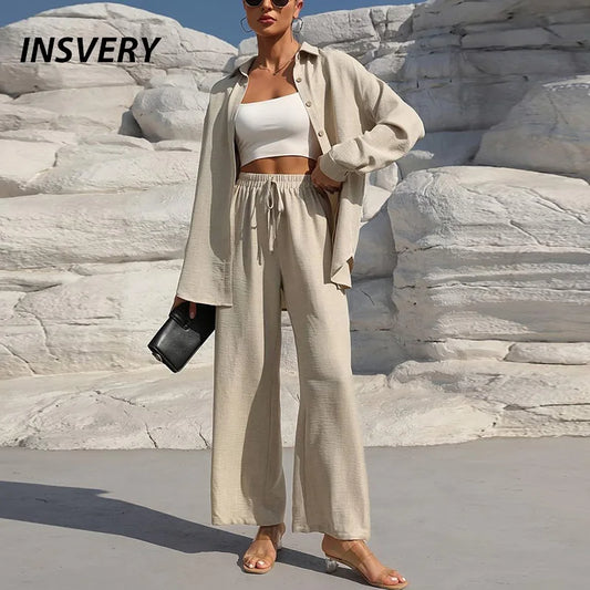 Fashion Women Long Sleeve Button Shirt Elastic Waist Wide Leg Pants Suit Women Casual Two Piece Set Spring Autumn Outfits