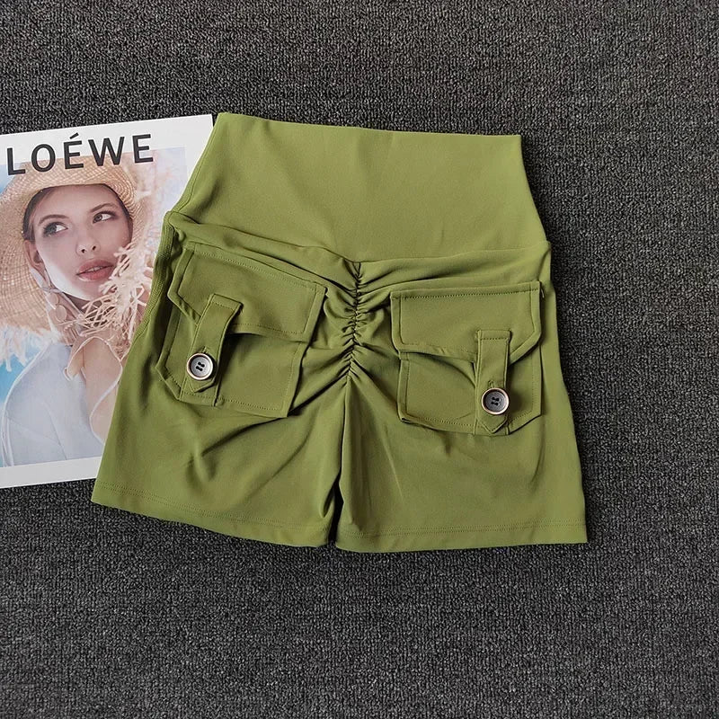 Women's Yoga Sports Shorts High Waist Peach Hip Seamless Sport With Pocket Tights Sports Workout Running Gym Shorts🏃🏻‍♀️🩳