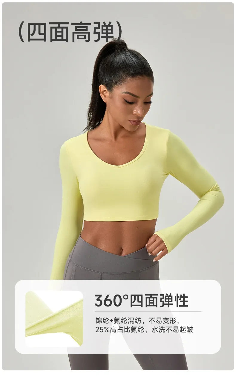 Women's Yoga Wear Tight Long-sleeved Shirt with Chest Pads Crossed Beautiful Back Sports Top Quick-drying Running Fitness Wear