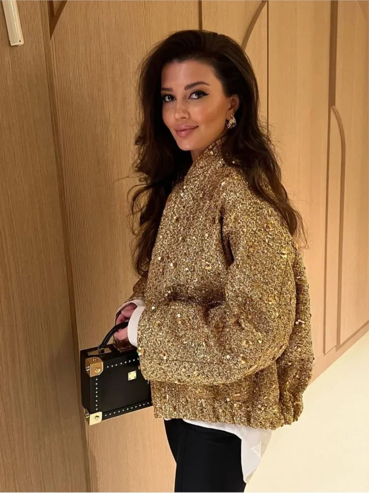 Chic Golden Sequin Zipper Jacket For Women Fashion Loose Round Neck Long Sleeved Coats Spring Female Party Club Shiny Outerwear