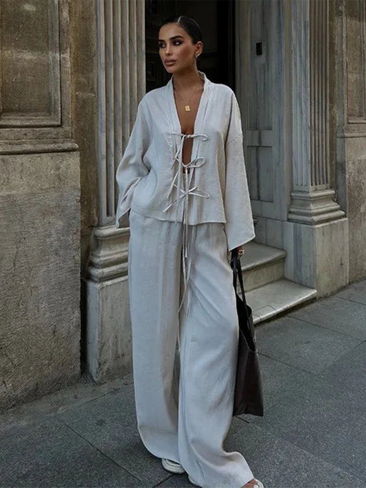 Long Sleeved Shirt Set Women Causal V Neck Hollow Lace Up Loose Top Solid Wide Leg Pants Suit New Lady High Street Outfits