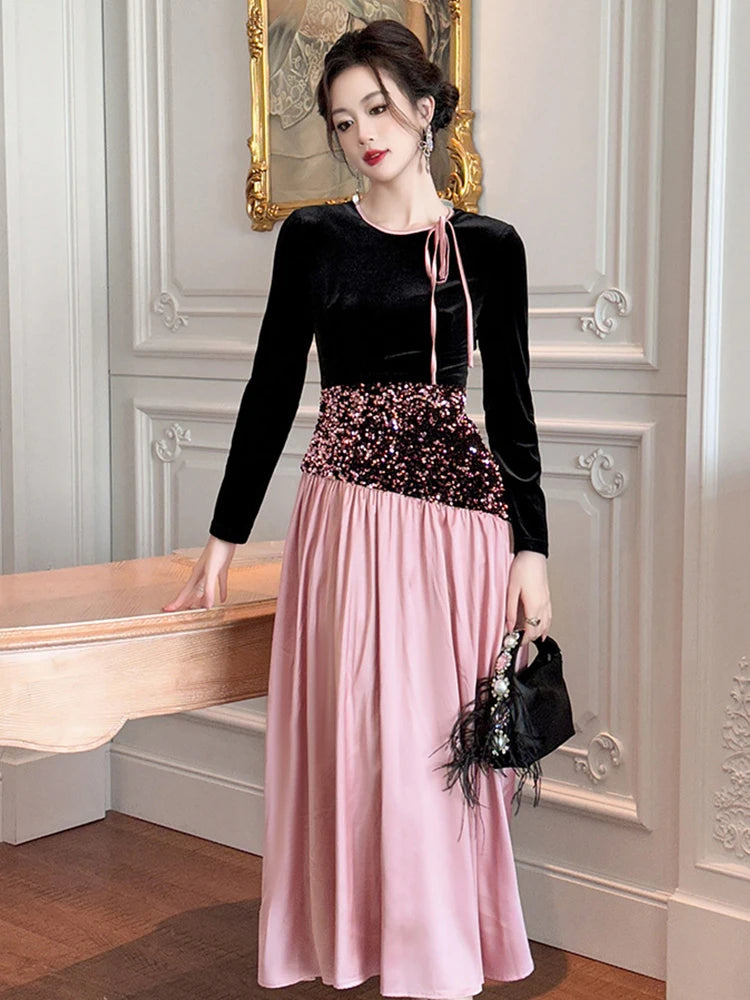 Women‘s French Elegant Banquet Dress Ladies Black Pink Splice Bandage Bright Sequin Swing Long Robe Female Party Vestidos Lady