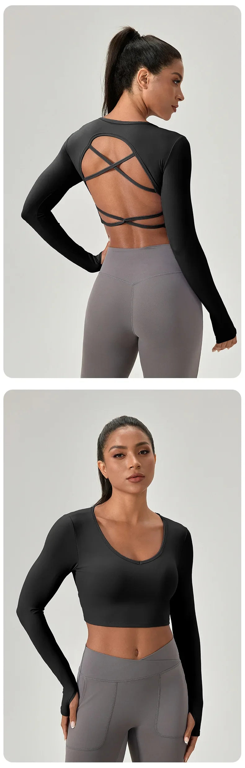 Women's Yoga Wear Tight Long-sleeved Shirt with Chest Pads Crossed Beautiful Back Sports Top Quick-drying Running Fitness Wear