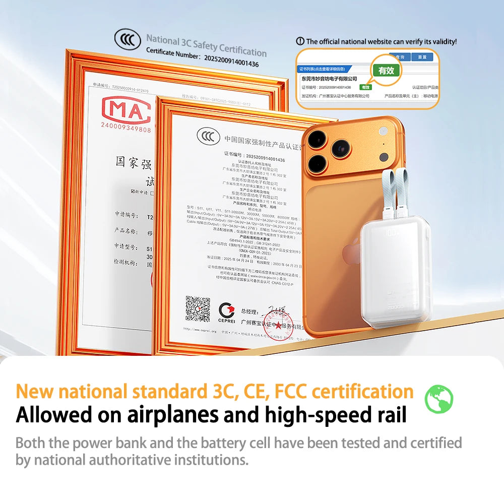 20000mAh Portable Power Bank 45W Type-C Super Fast Charging Built-in Dual Charging Cables for iPhone 17 16 Mobile Phone Xiaomi