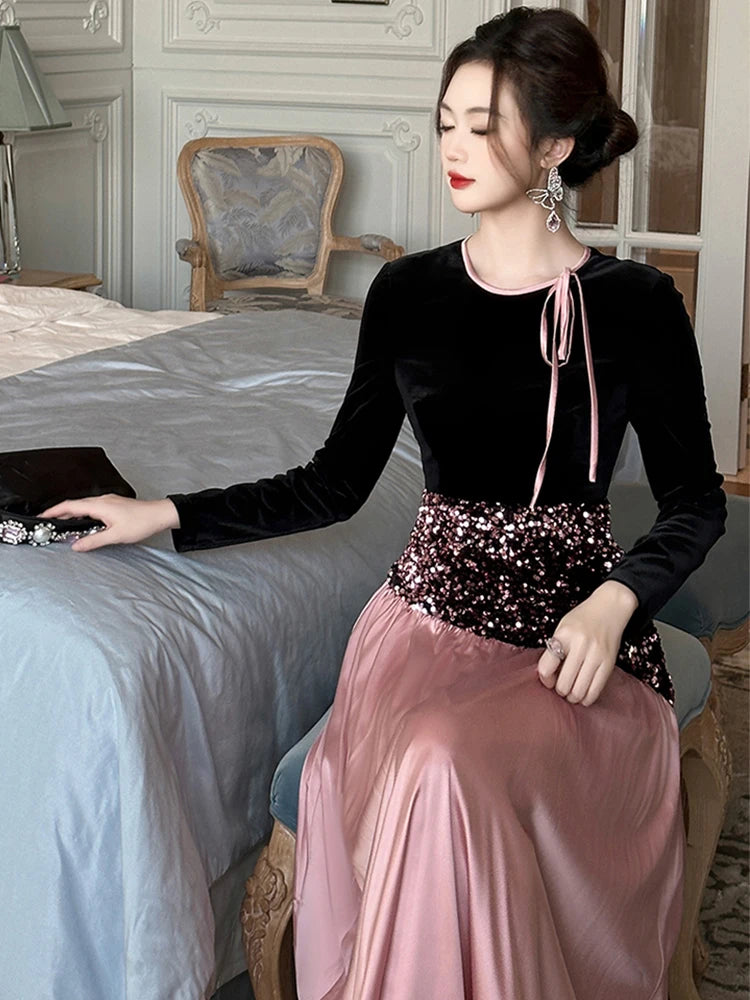 Women‘s French Elegant Banquet Dress Ladies Black Pink Splice Bandage Bright Sequin Swing Long Robe Female Party Vestidos Lady